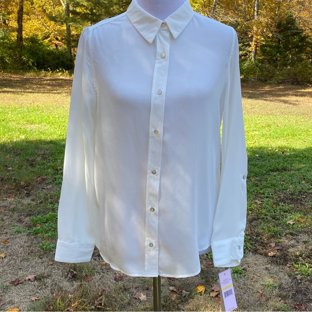 NANETTE LEPORE TOP BLOUSE NEW BUTTON DOWN CREAM SHEER LONG TAB SLEEVE SIZE M NWT